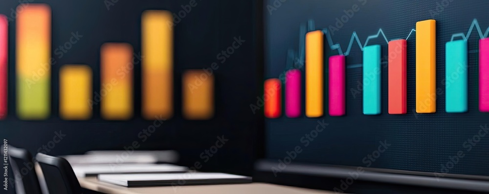 Aufkleber Student progress ai idea. Colorful bar graphs displayed on a wall in a modern workspace, showcasing data trends.