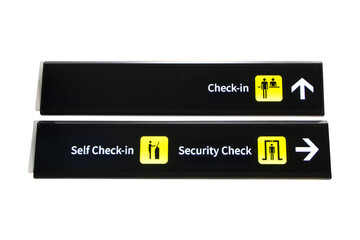 Black signs with white letters and icon symbol for Check-In, Self Check-In, Security Check at...