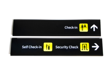 Black signs with white letters and icon symbol for Check-In, Self Check-In, Security Check at International Airport. Isolated on cut out PNG or transparent background. Inform tourists about places.