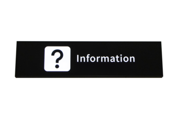 Black signs with white letters Information and icon symbol Question mark at International Airport. Isolated on cut out PNG or transparent background. Inform tourists about places.