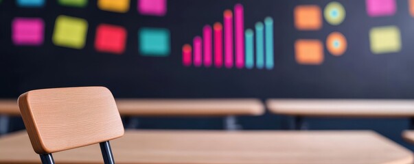 Student progress ai idea. Empty classroom with a wooden chair and colorful sticky notes on the wall.