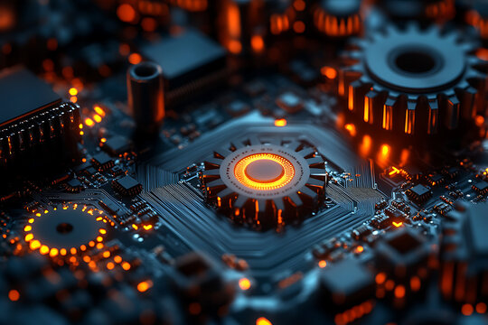 technology background featuring an electronic circuit board, processor, and gears creates a unique and dynamic backdrop for your business