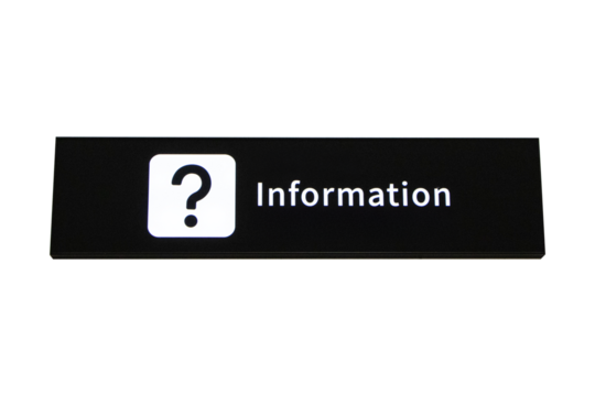 Black signs with white letters Information and icon symbol Question mark at International Airport. Isolated on cut out PNG or transparent background. Inform tourists about places.