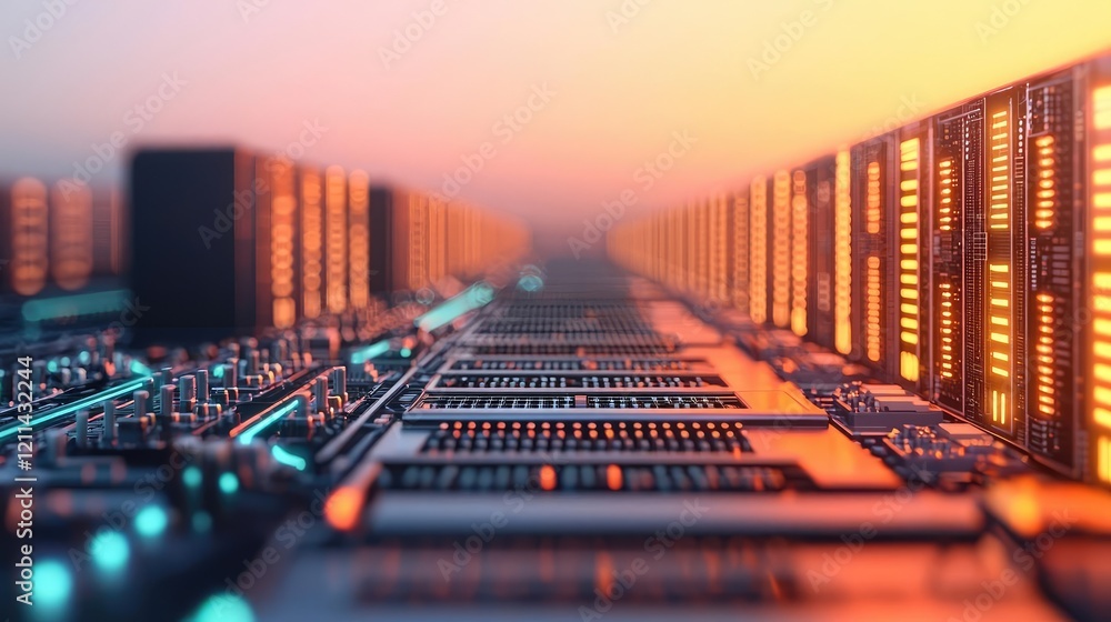 Poster Automated teaching ai idea. Futuristic data center with glowing servers and advanced technology backdrop.