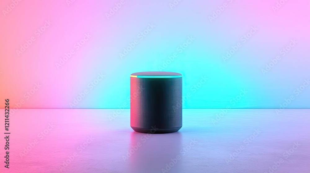 Poster automated teaching ai idea. modern smart speaker in vibrant neon lighting, showcasing advanced techn