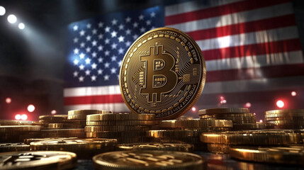 Bitcoin BTC Symbol Münze mit USA Fahne im Hintergrund im 16:9 Querformat.