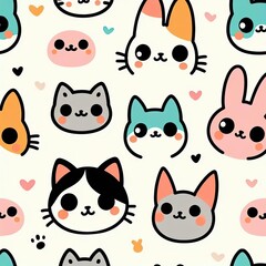 Adorable Cartoon Animals Seamless Pattern with Cute Cats, Bunnies and Kittens