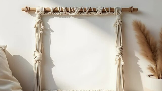 Boho-style macram&eacute; and bead frame with soft earthy colors, swaying gently over a natural linen background. A serene, handmade aesthetic.
