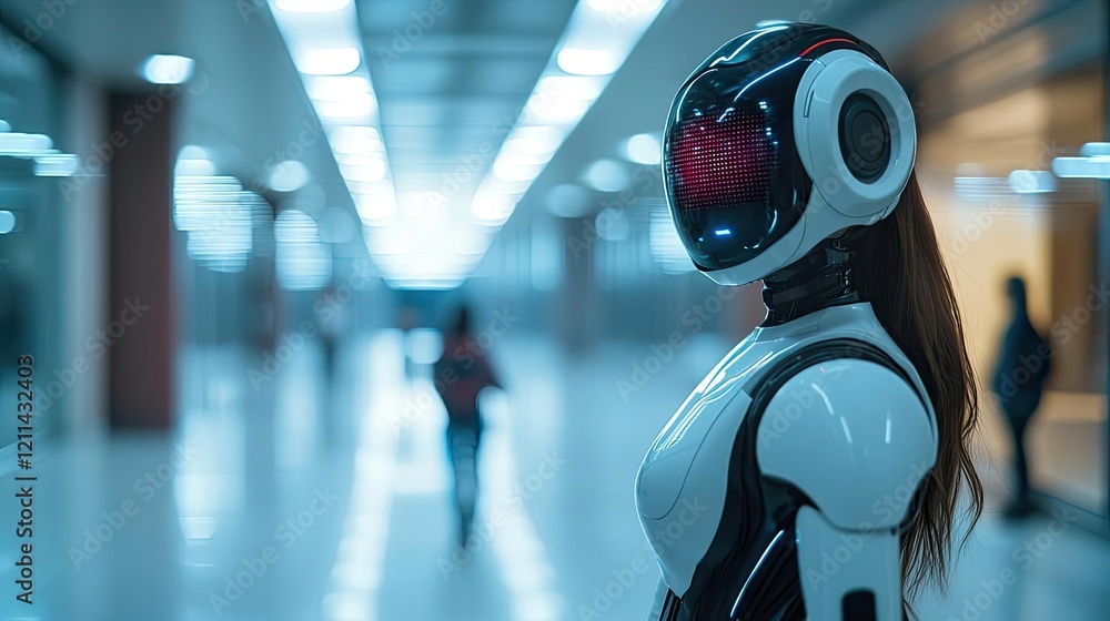 Poster Automated teaching ai idea. A futuristic robot with sleek design stands in a high-tech urban environment.