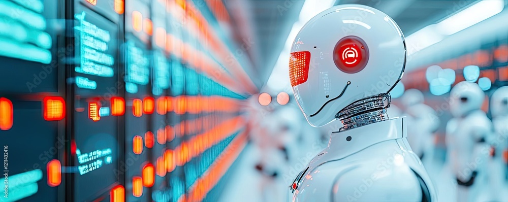 Poster Automated teaching ai idea. Futuristic robot with glowing features in a high-tech data environment.