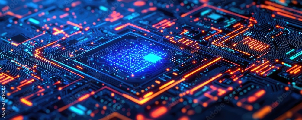 Poster adaptive technology ai concept. abstract close-up view of a futuristic circuit board with vibrant co