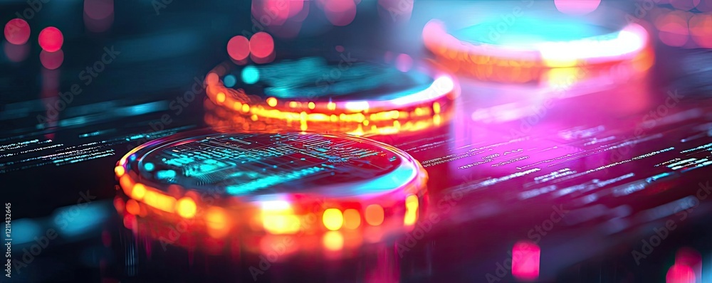 Poster adaptive technology ai concept. futuristic digital coins on a glowing circuit board background.