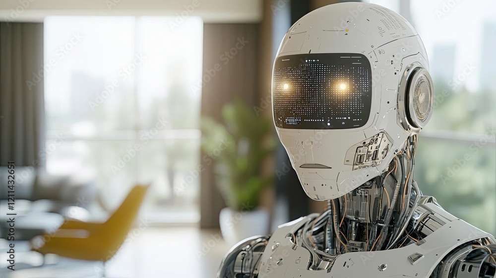 Poster adaptive technology ai concept. futuristic robot standing in a modern living space with bright atmos