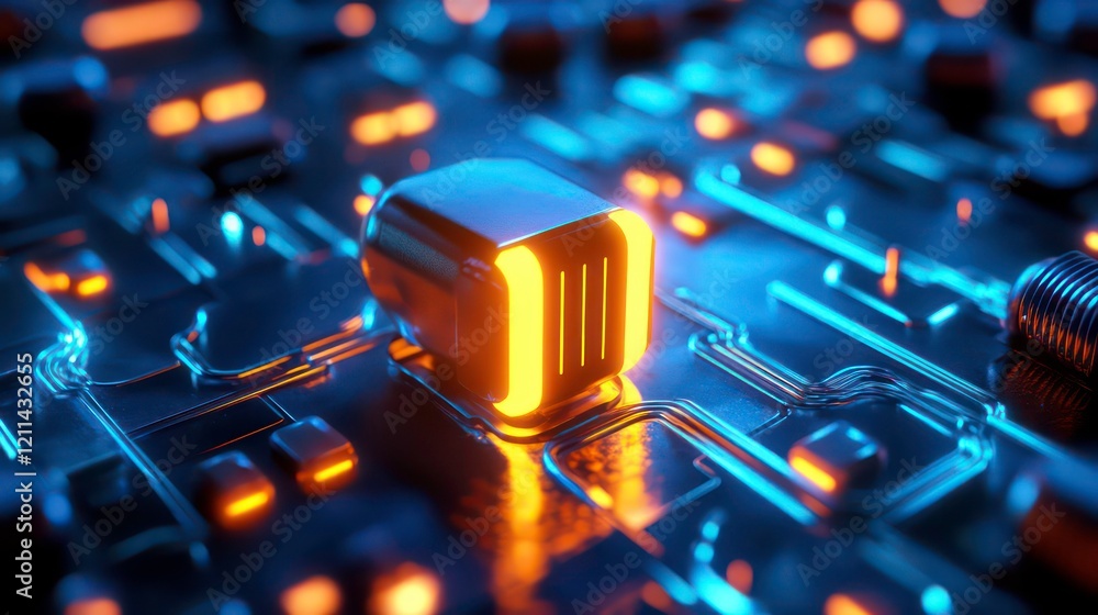 Poster glowing orange 'j' symbol on futuristic circuit board.