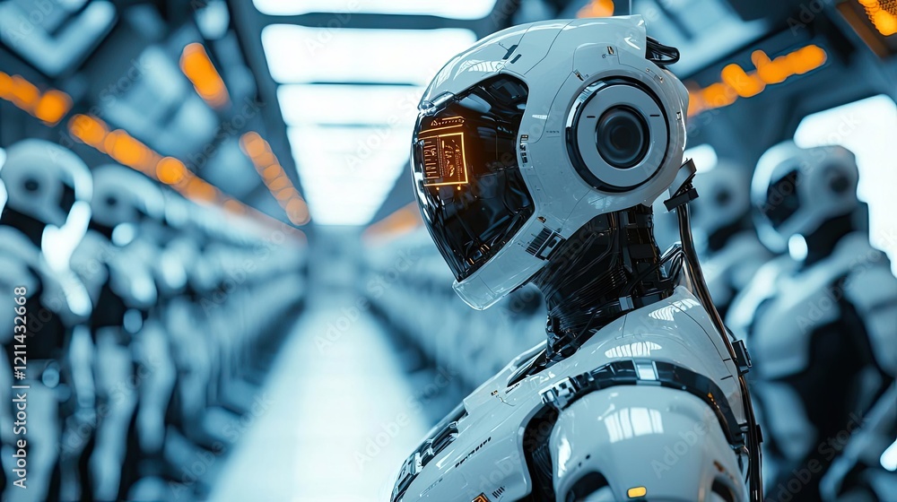Poster Adaptive technology ai concept. Futuristic robot design in a high-tech environment, showcasing advanced artificial intelligence.