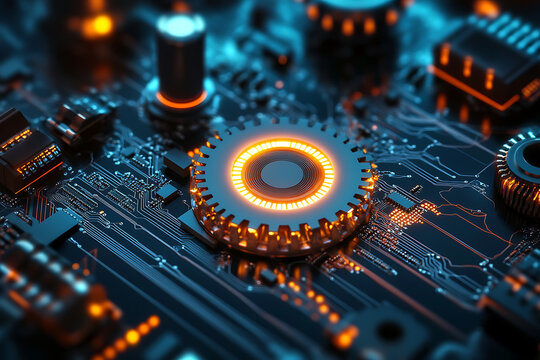 technology background featuring an electronic circuit board, processor, and gears creates a unique and dynamic backdrop for your business