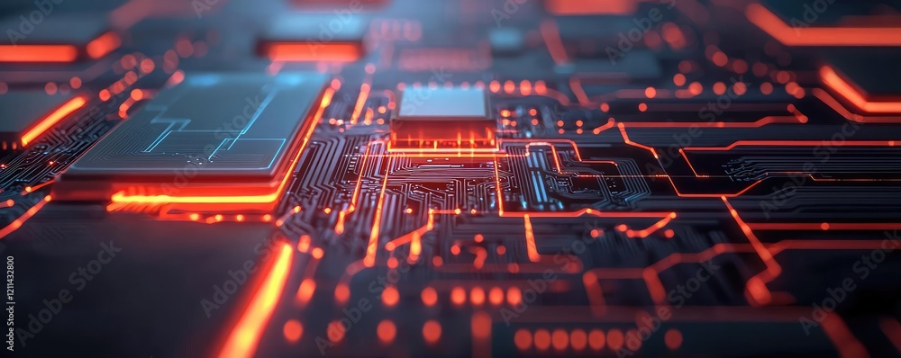 Poster Adaptive technology ai concept. Close-up view of a circuit board with glowing elements, showcasing advanced technology.