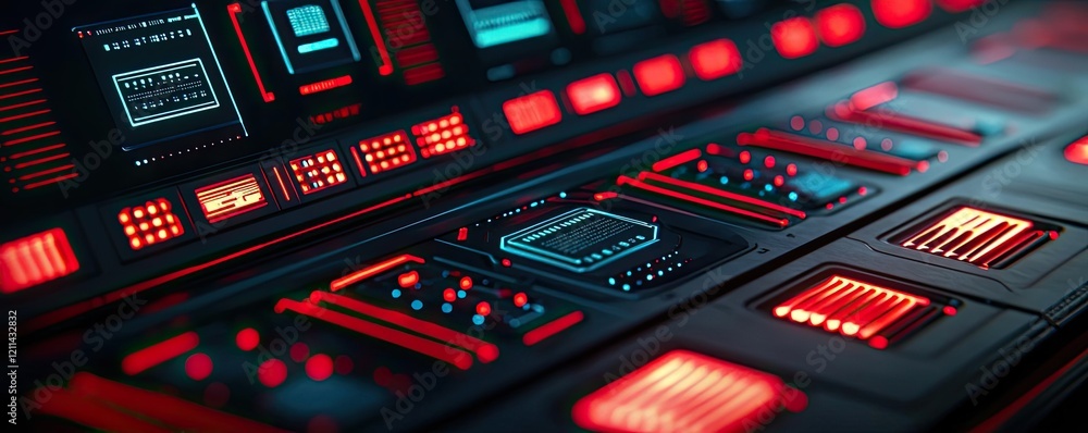 Poster adaptive technology ai concept. futuristic control panel with glowing red and blue lights and circui