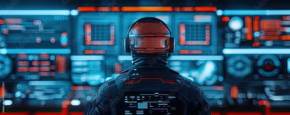 Aufkleber adaptive technology ai concept. futuristic control room with a person in a high-tech helmet monitori