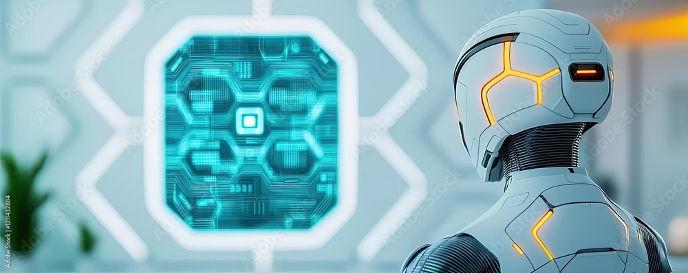 Poster Artificial intelligence ai idea. A futuristic robot interacting with advanced technology in a modern environment.