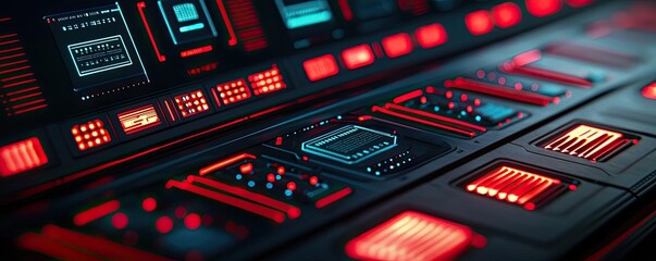 Obraz premium Adaptive technology ai concept. Futuristic control panel with glowing red and blue lights and circuit designs.