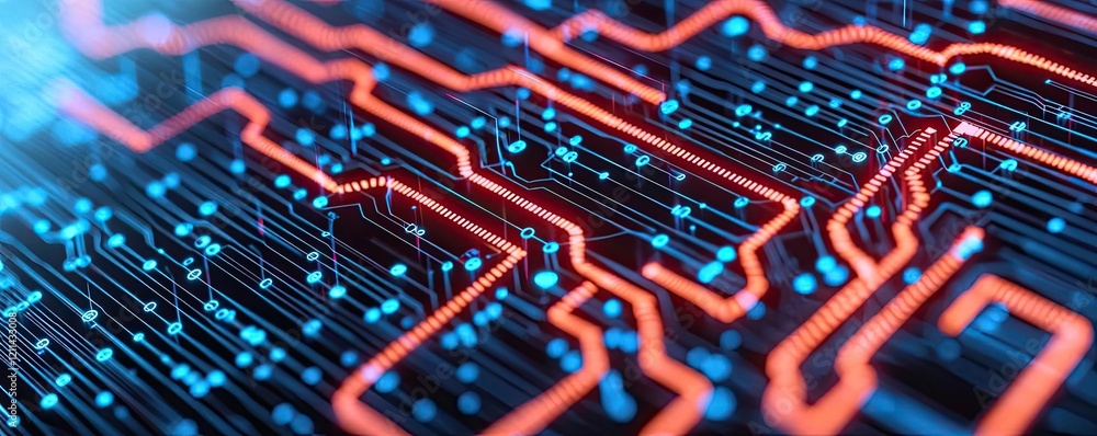 Poster adaptive technology ai concept. detailed circuit board with vibrant lights, representing modern tech