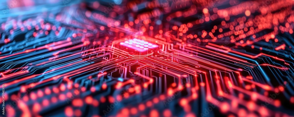 Aufkleber Adaptive technology ai concept. Close-up view of a glowing computer chip on a circuit board with vibrant colors.