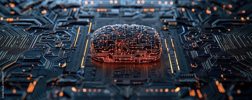 Aufkleber Artificial intelligence ai idea. Futuristic circuit board with a glowing brain-like structure at the center.