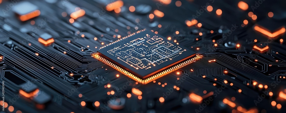 Aufkleber Artificial intelligence ai idea. Close-up view of a modern microchip with intricate circuits and glowing elements.