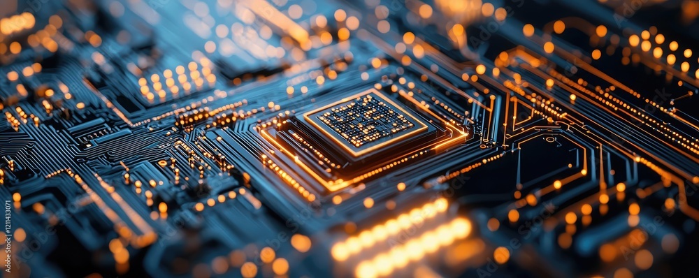 Poster Artificial intelligence ai idea. Close-up view of a modern circuit board showcasing intricate electronic connections.
