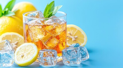 Fototapeta premium Iced tea with lemon, refreshing summer drink