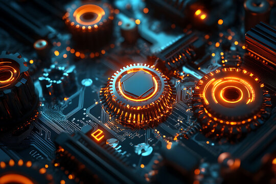 technology background featuring an electronic circuit board, processor, and gears creates a unique and dynamic backdrop for your business