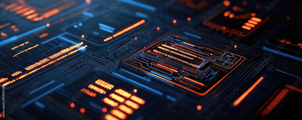 Aufkleber Interactive tools ai concept. Abstract futuristic circuit board design with glowing elements and dark background.