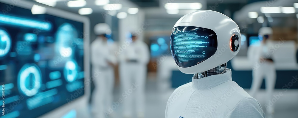 Fototapete Adaptive technology ai concept. Futuristic robot in a modern lab with data display and scientists observing.
