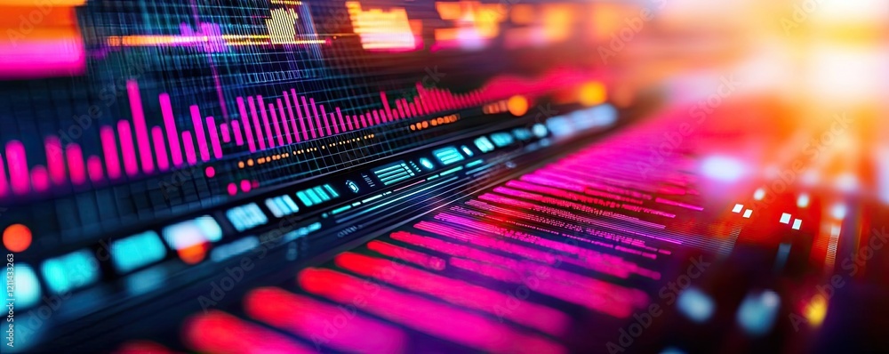 Poster Interactive tools ai concept. Vibrant digital soundwaves in a colorful abstract representation of audio technology.