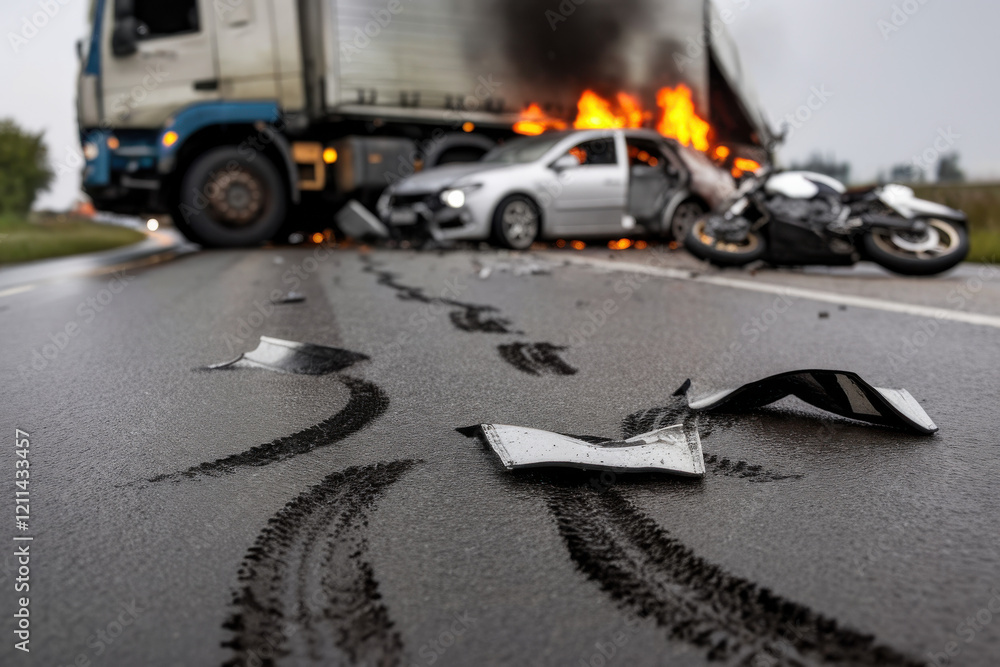 Wall mural Broken road signs and tire marks leading to the crash site involving various vehicles