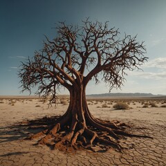 A rusted iron tree in a desolate wasteland, surrounded by swirling sand.