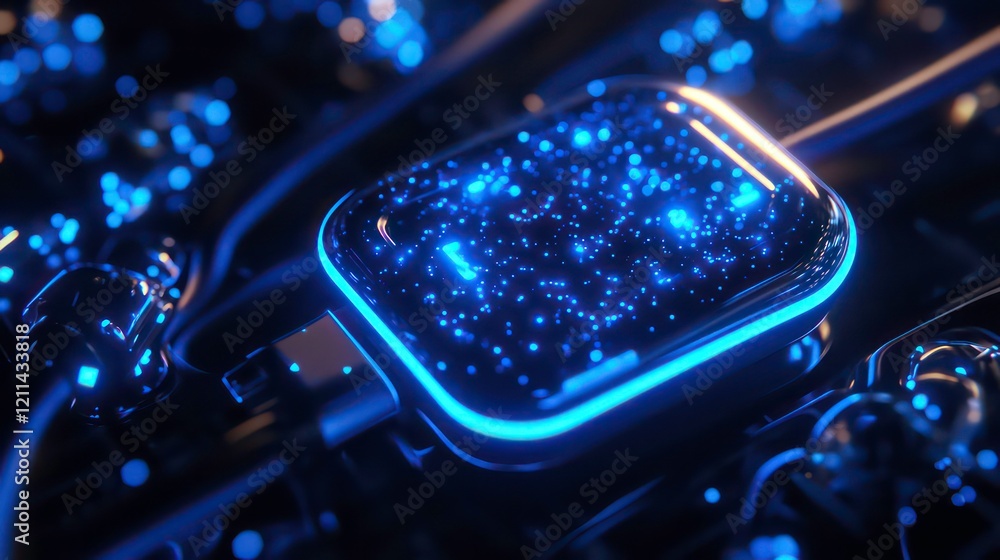 Poster futuristic glowing blue tech device charging on a circuit board.
