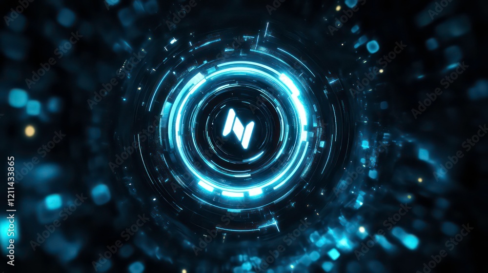 Poster abstract glowing digital n symbol in a futuristic circular design.