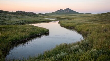 Serene prairie stream at dawn, hills in background; nature, landscape photography