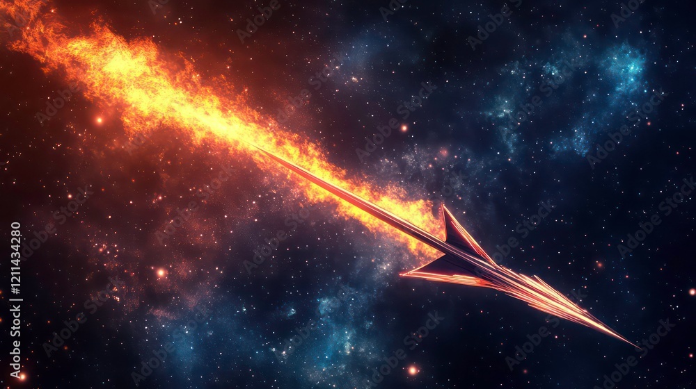 Poster fiery spaceship soaring through a vibrant nebula, cosmic flight.
