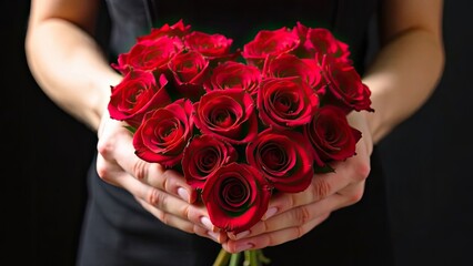 Gorgeous bouquet of Roses in men's hands on a gray background.