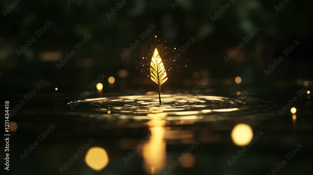 Poster glowing leaf in dark water with ripples and bokeh lights.