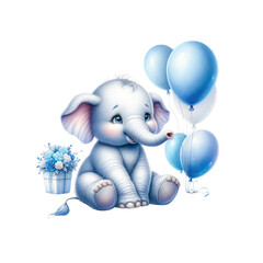 Adorable elephant character holds blue balloons, perfect for children's themes, birthdays, and festive celebrations.