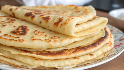 Stack of golden crepes with crispy edges on a plate