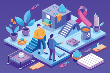 Obraz premium Two individuals engage in conversation about fibromyalgia awareness amidst supportive visuals and symbols Fibromyalgia awareness day Customizable Isometric Illustration