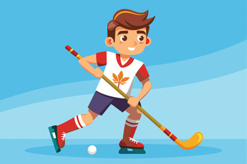 Obraz premium A cheerful boy practices field hockey while wearing a bright sports uniform on a vibrant background Field hockey Customizable Cartoon Illustration
