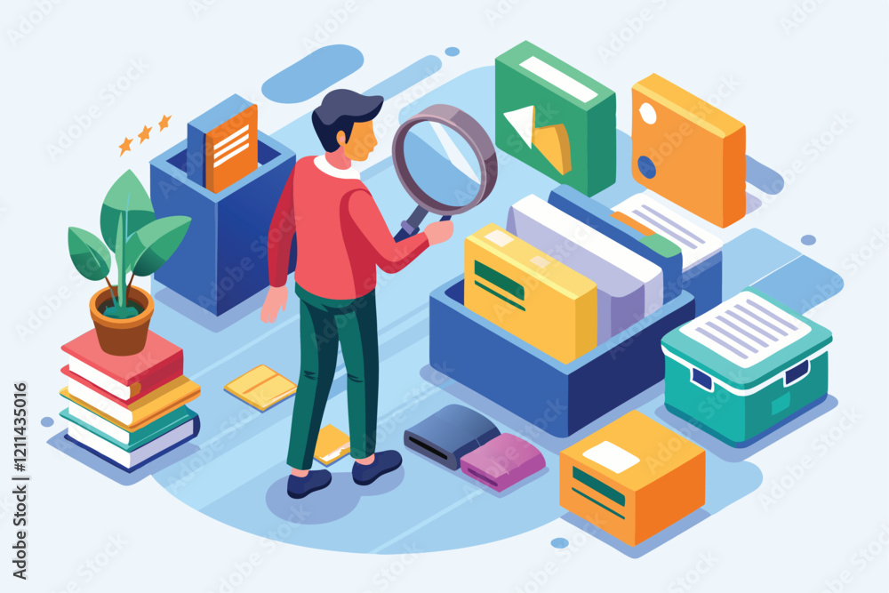 Poster individual examines different file storage options in an organized, colorful workspace file searchin