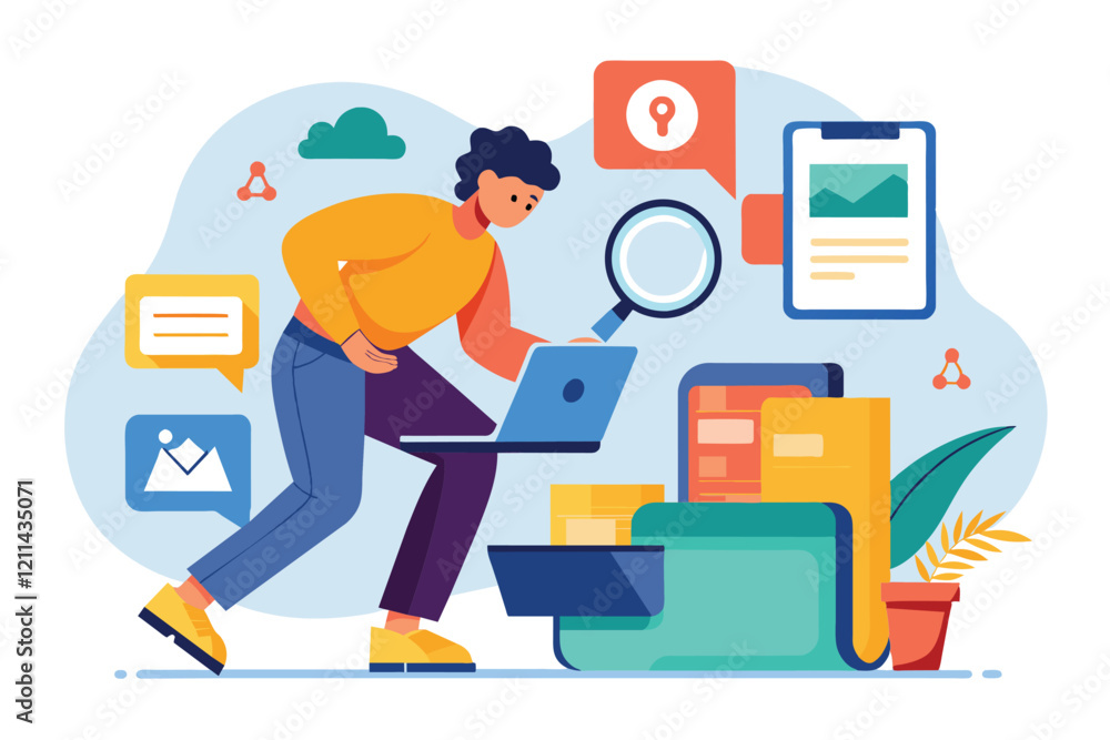 Poster a person intently searches for files on a laptop surrounded by storage devices and notifications fil