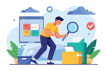 A person uses a magnifying glass to search for files in a bright and organized workspace File searching Customizable Semi Flat Illustration